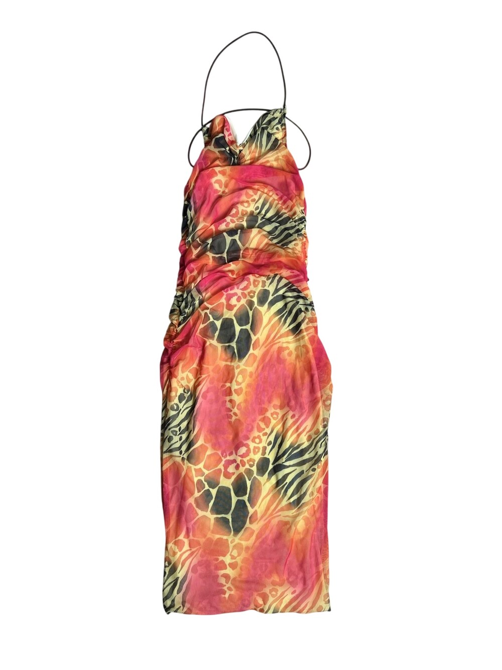 I.AM.GIA Slip Dress XS Orange Animal Print Cowl Neck Mesh Maxi Party Lined